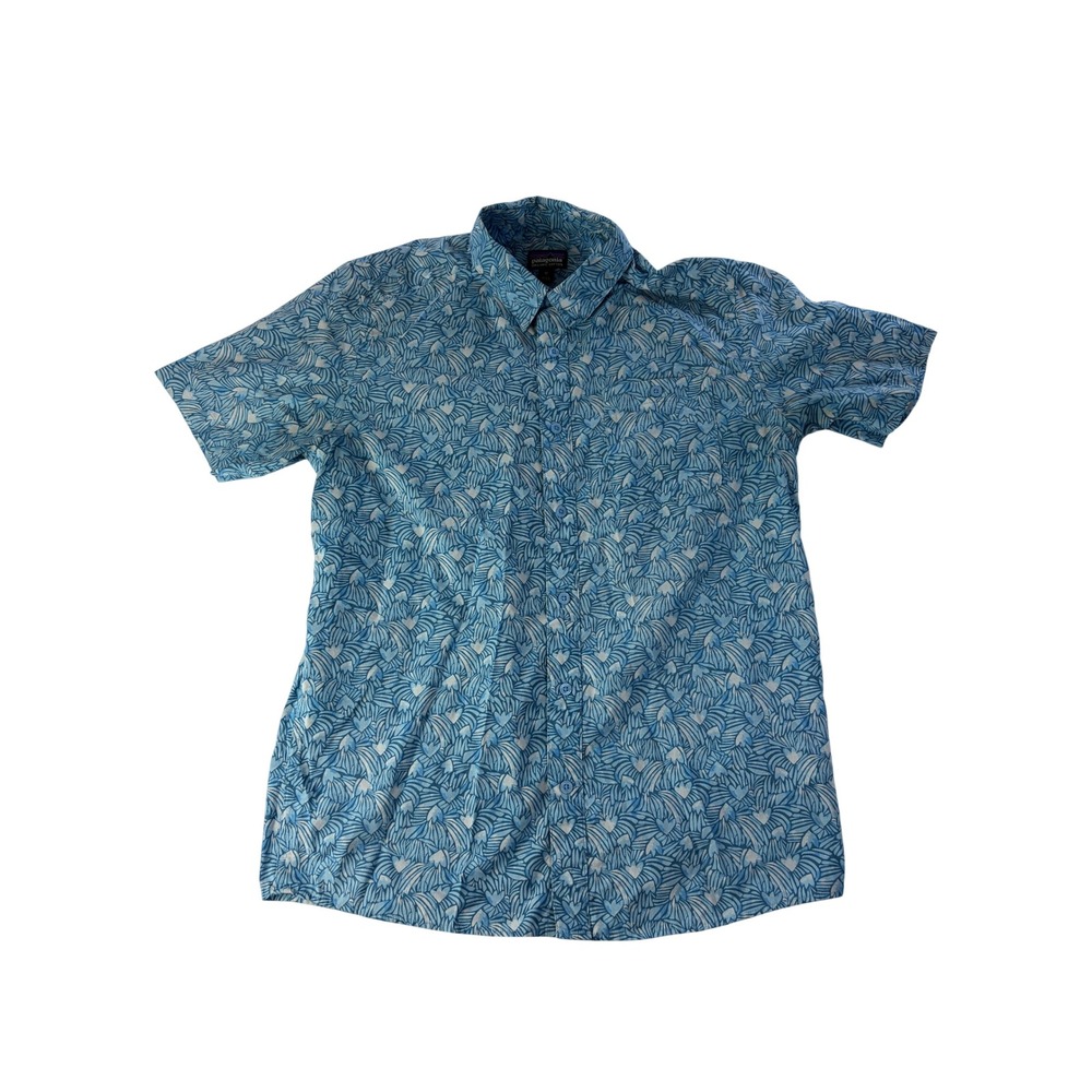 Patagonia Shirt Mens M Short Sleeve Button Down Organic Cotton Blue Print